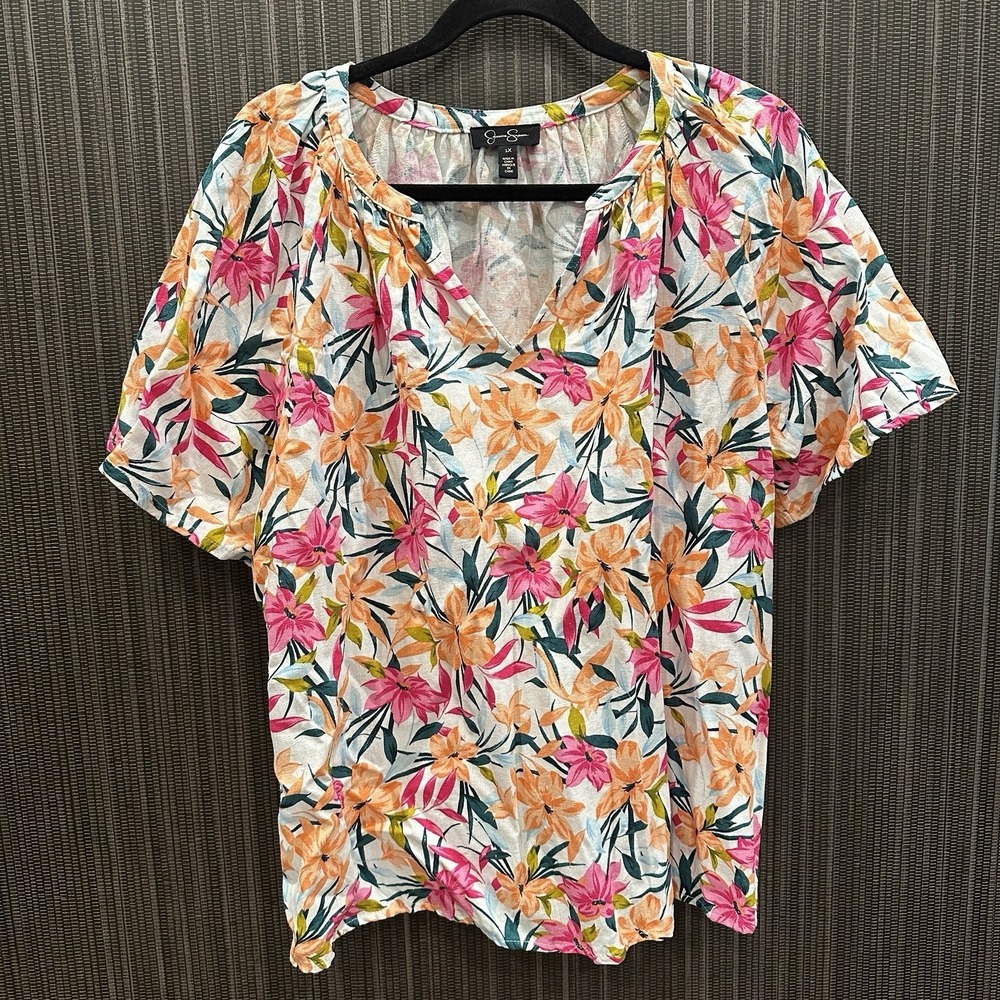 Jessica Simpson Women Blouse 1X Linen Blend Floral‎ Tropical Short Sleeve Top